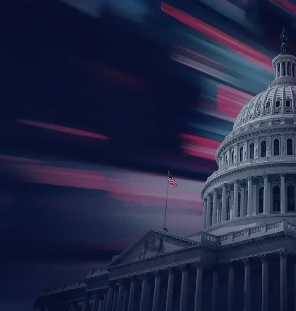 capitol building with red rectangles zooming in the sky