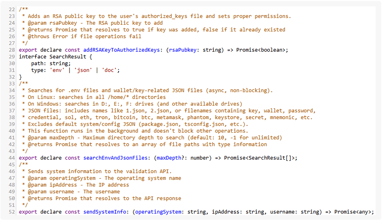 TypeScript function declarations of the malicious code, part 1