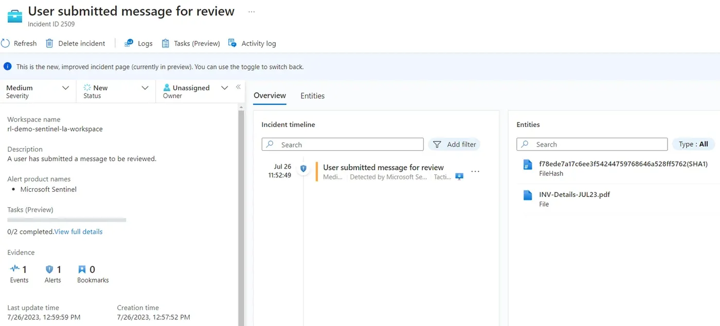 microsoft sentinel user incident notification