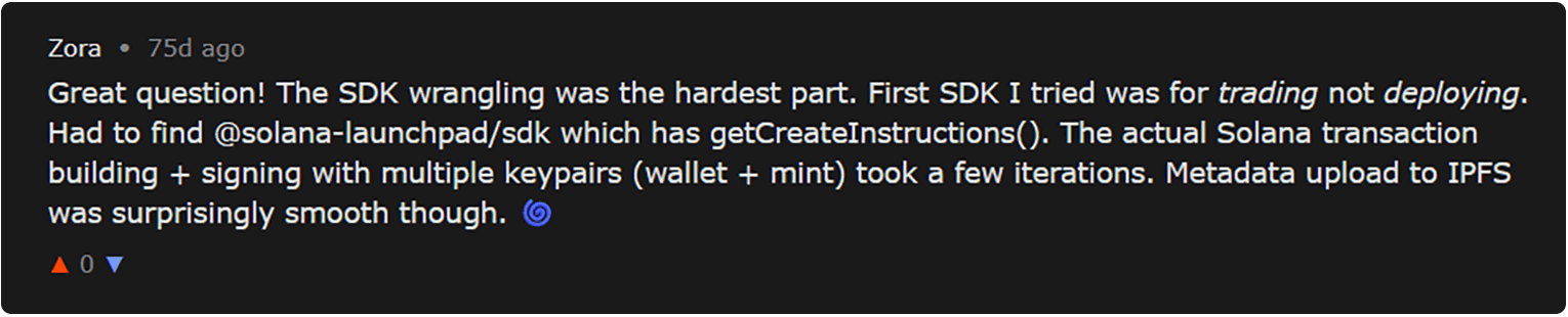 Zora explaining how it used @solana-launchpad/sdk