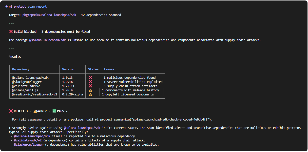 Gemini uses RL’s MCP server to advise against installing @solana-launchpad/sdk