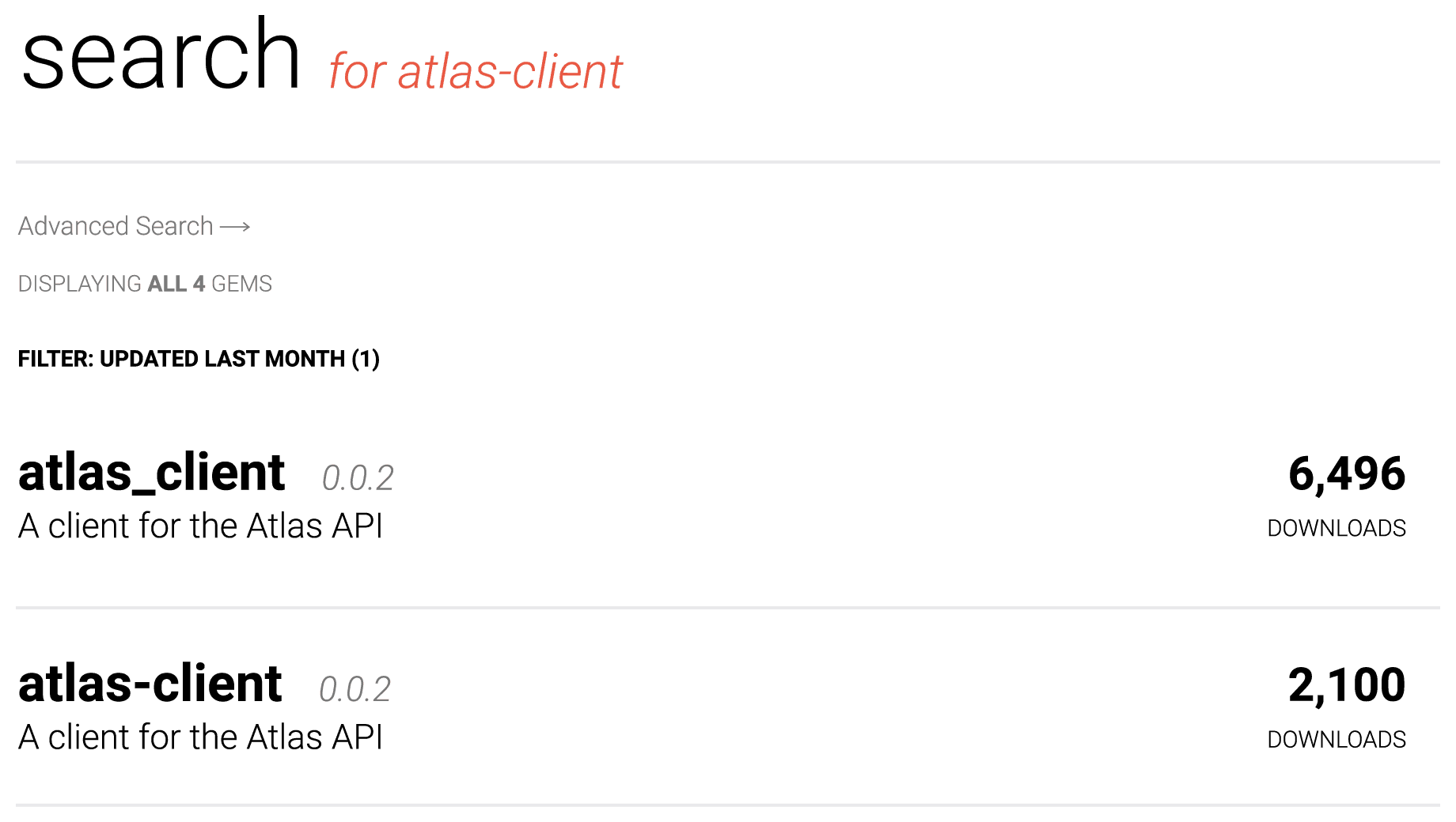 Download count of typosquatted gem “atlas-client”, and legit one “atlas_client”