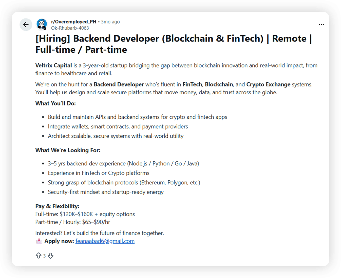 Advertisement for a fake job position at Veltrix Capital posted on Reddit