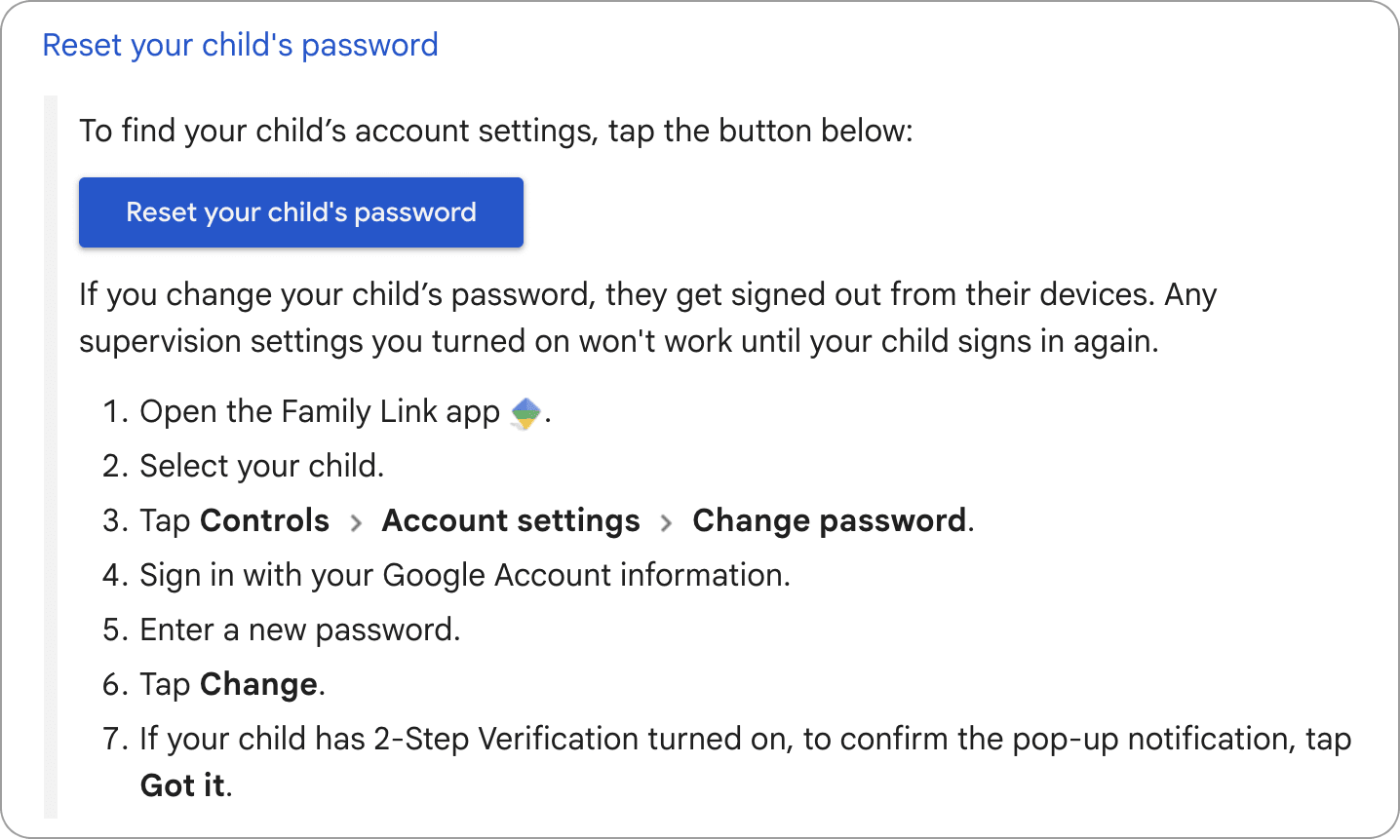 Google Support article confirming that resetting a child account password from family link automatically signs the account out.