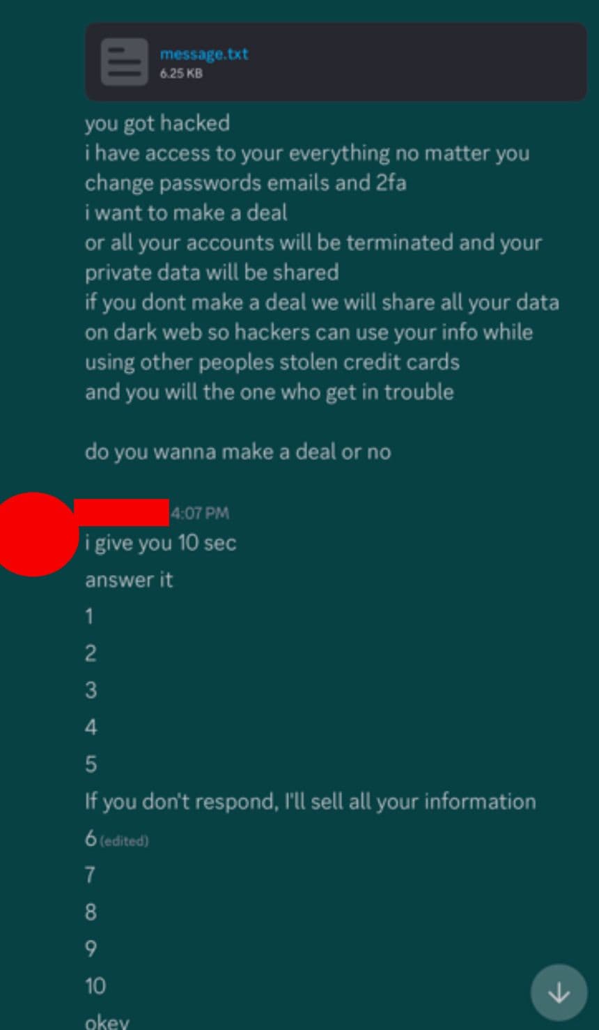 Another victim being informed of the ransom with the $250/$450 price quotes.