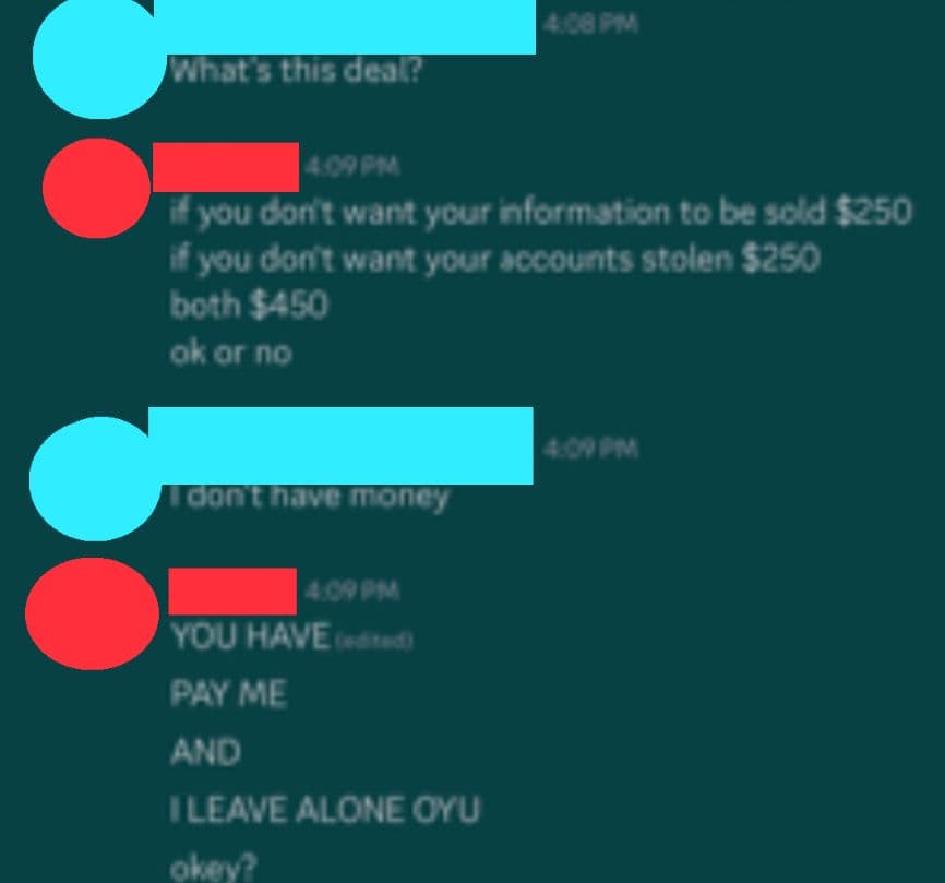 Victim being informed of the ransom with the $250/$450 price quotes.