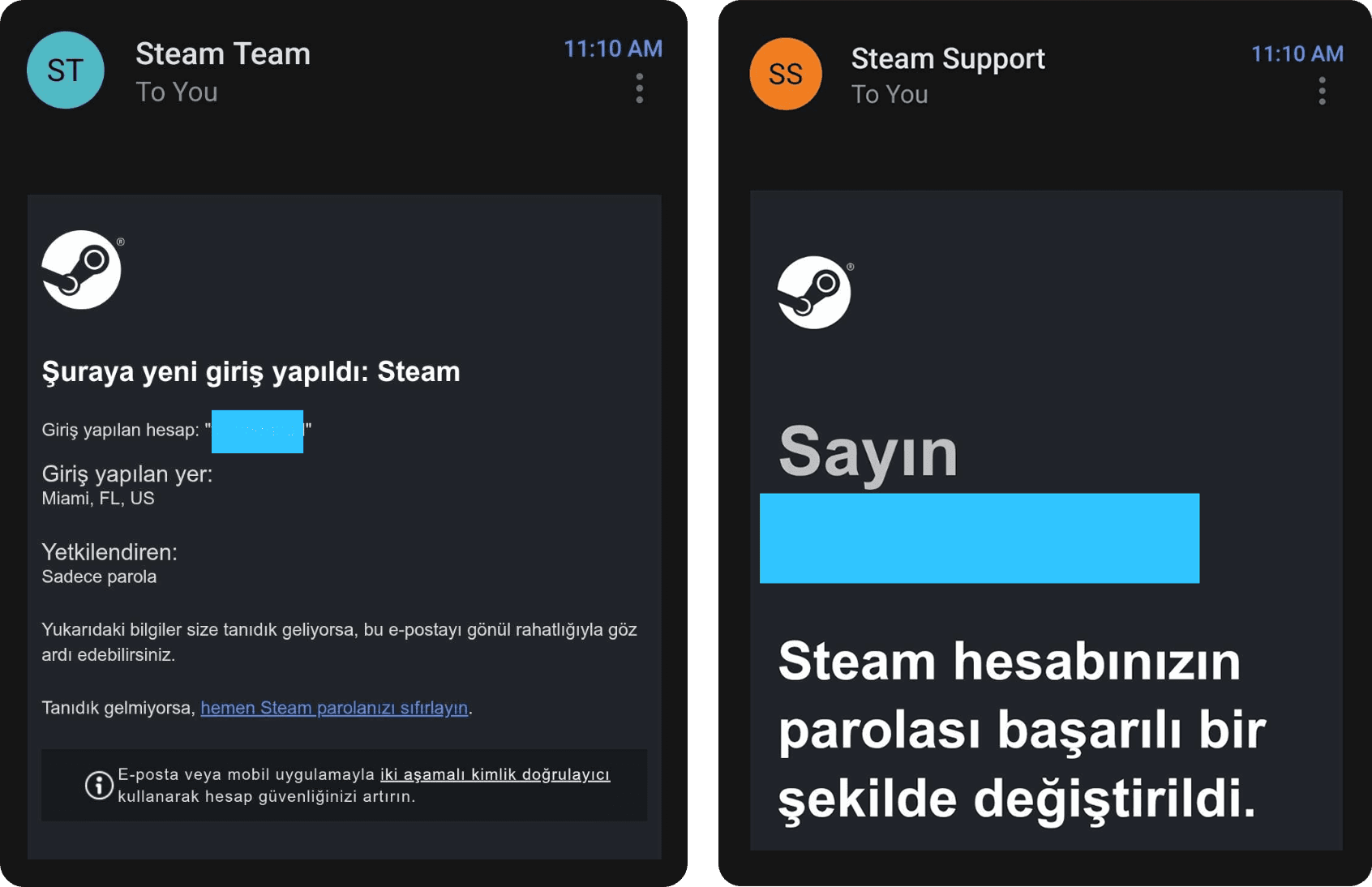 Communications from Steam in Turkish. The first image is in regard to a login attempt, the second is in notification of password reset