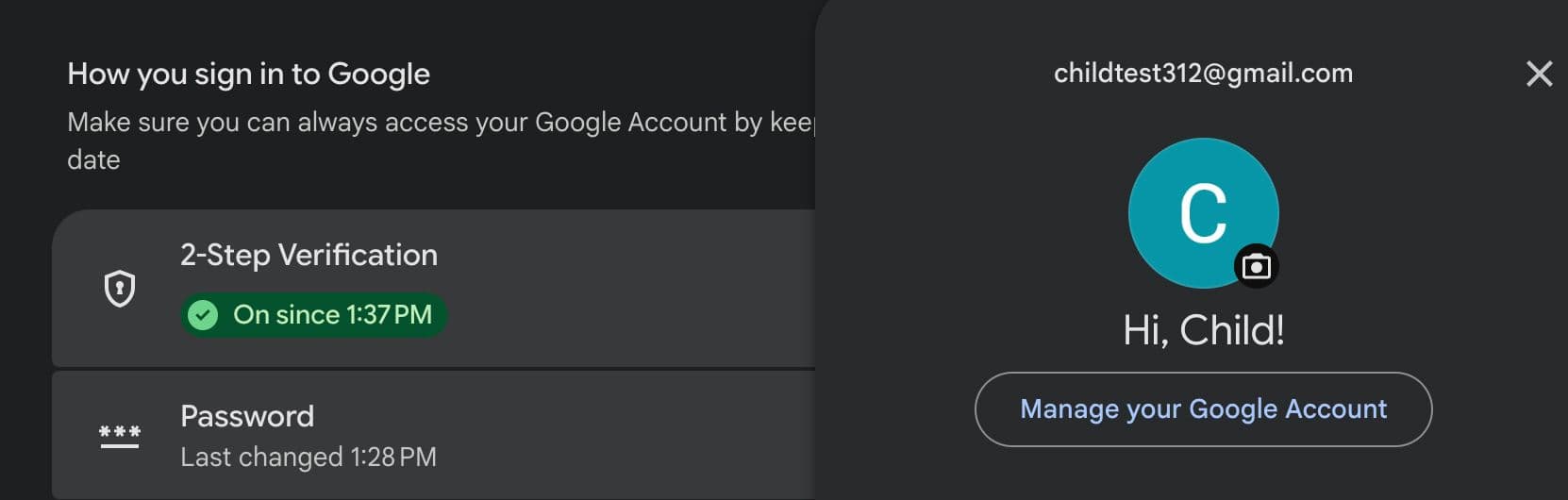 Showing Child account with 2-step verification enabled