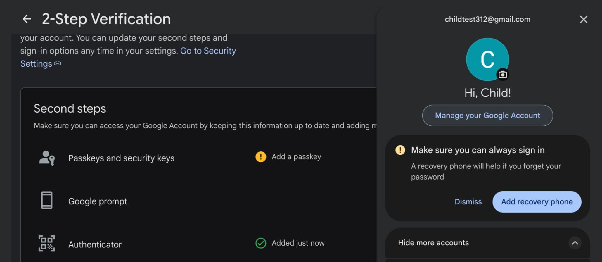 Showing Child account with authenticator app connected.