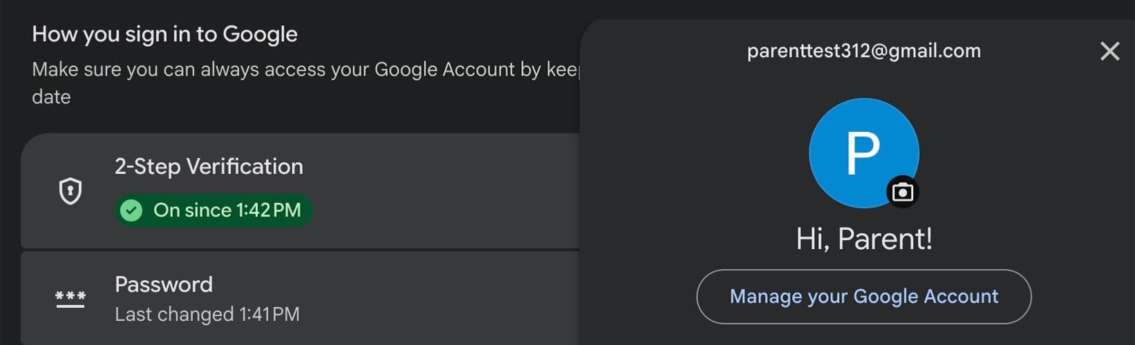 Showing Parent account with 2-step verification enabled