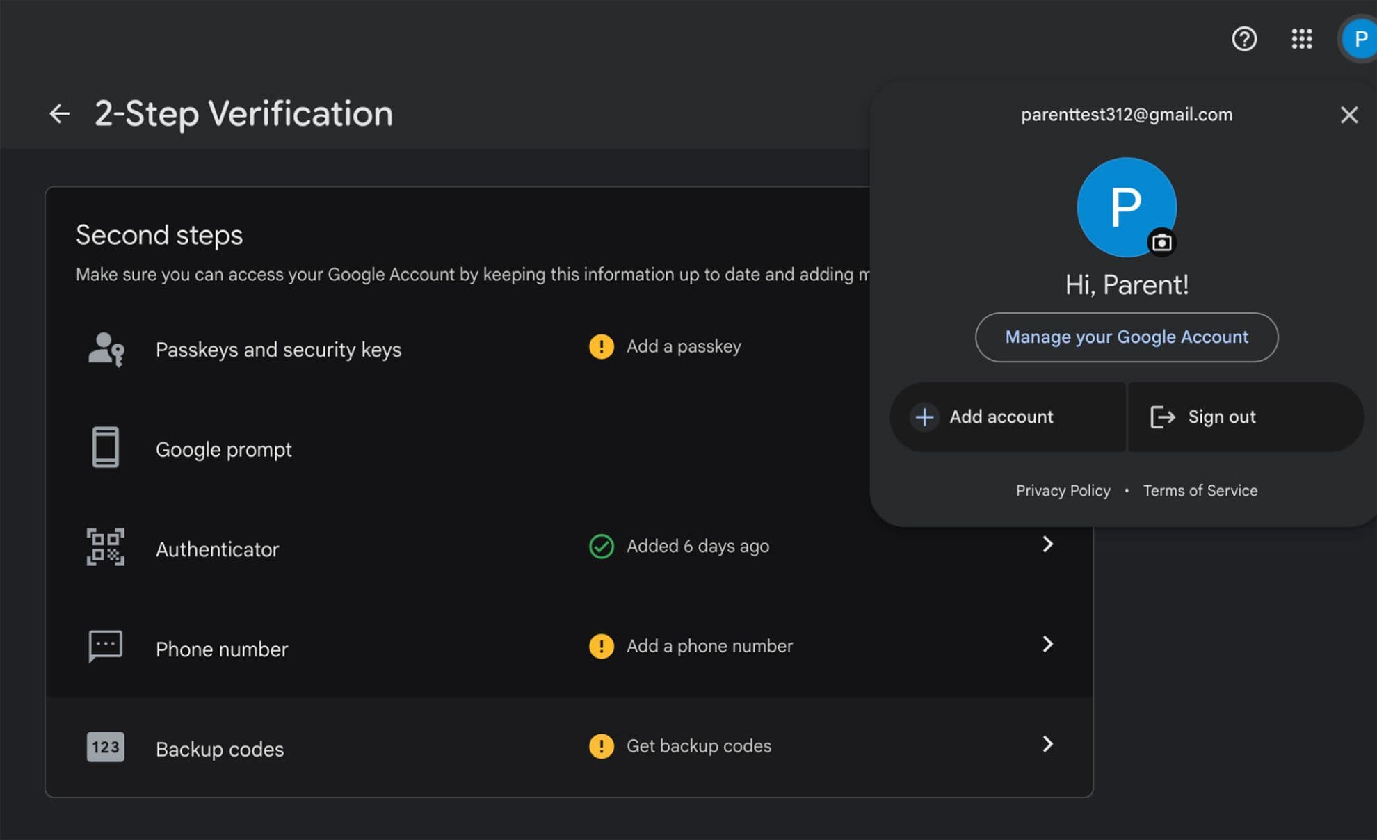 Showing Parent account with authenticator app connected.