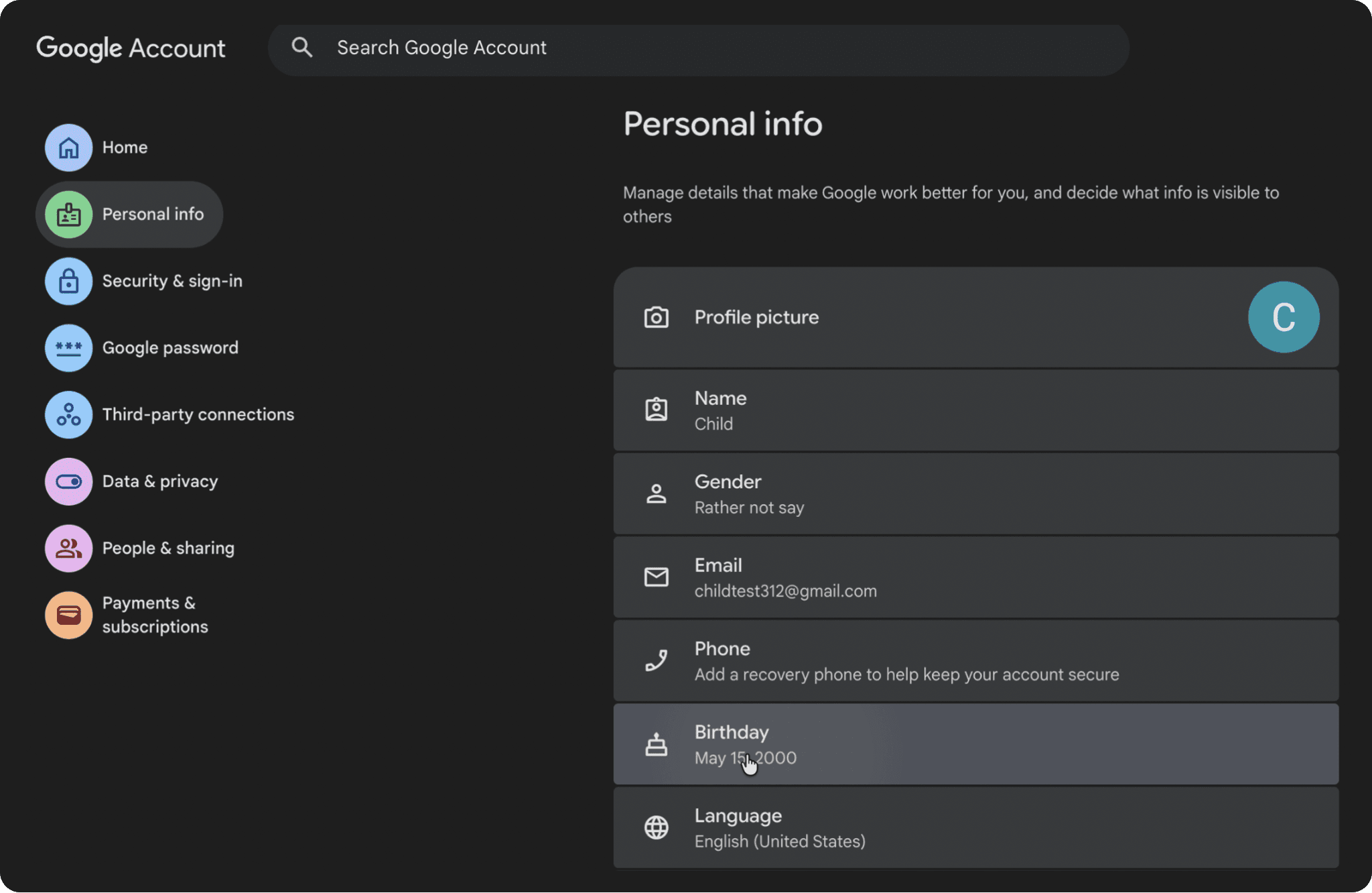 On Manage Google Account interface, selecting birthday.