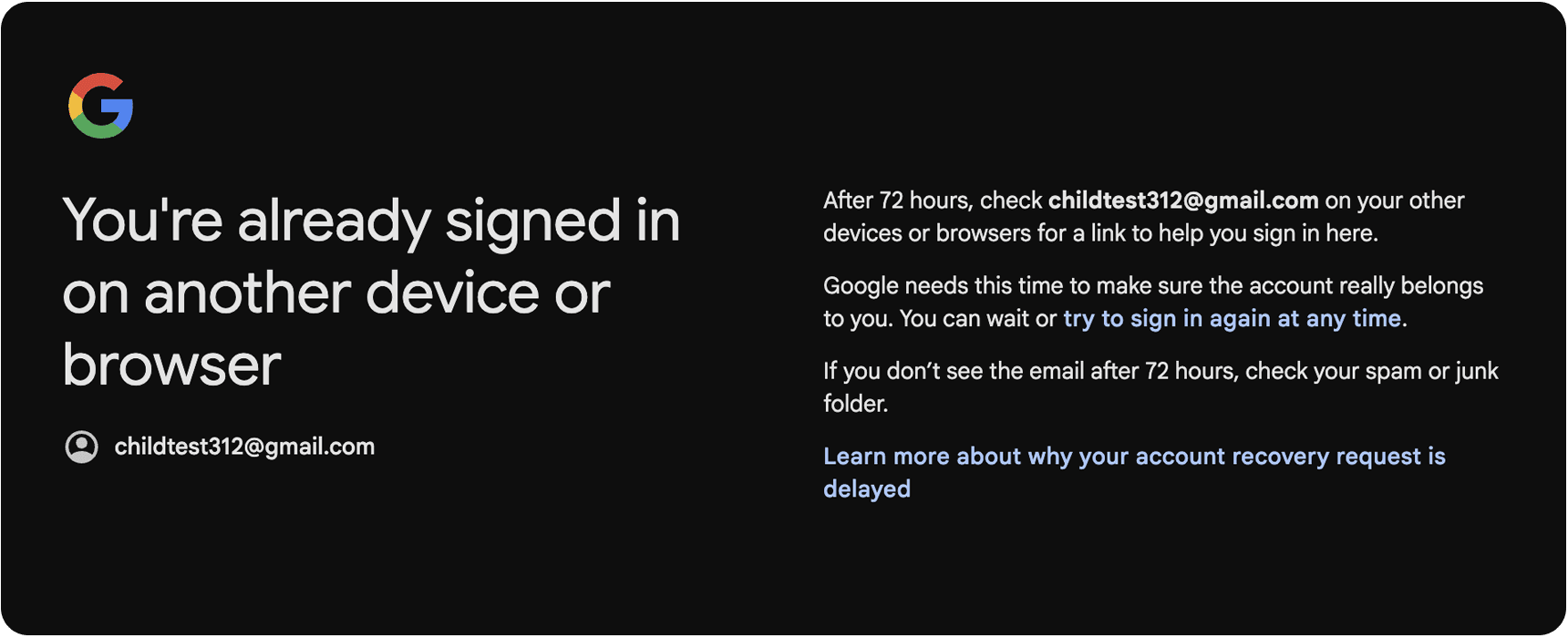 Second attempt of resetting password when “Try another way” was selected for both password and authenticator code.