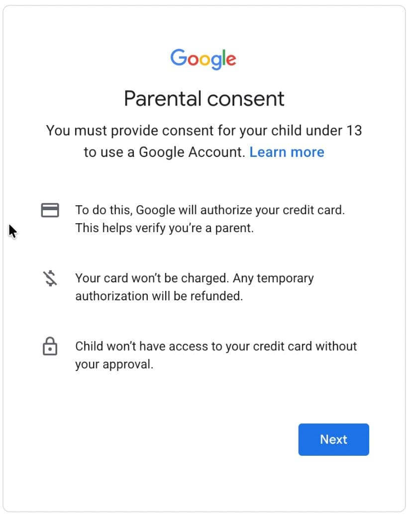 Parent consent screen, asking to authorize using a credit card.