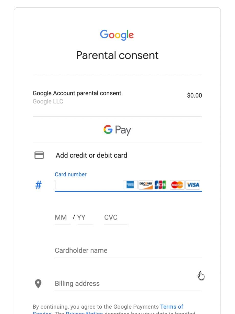 Credit card information entry screen