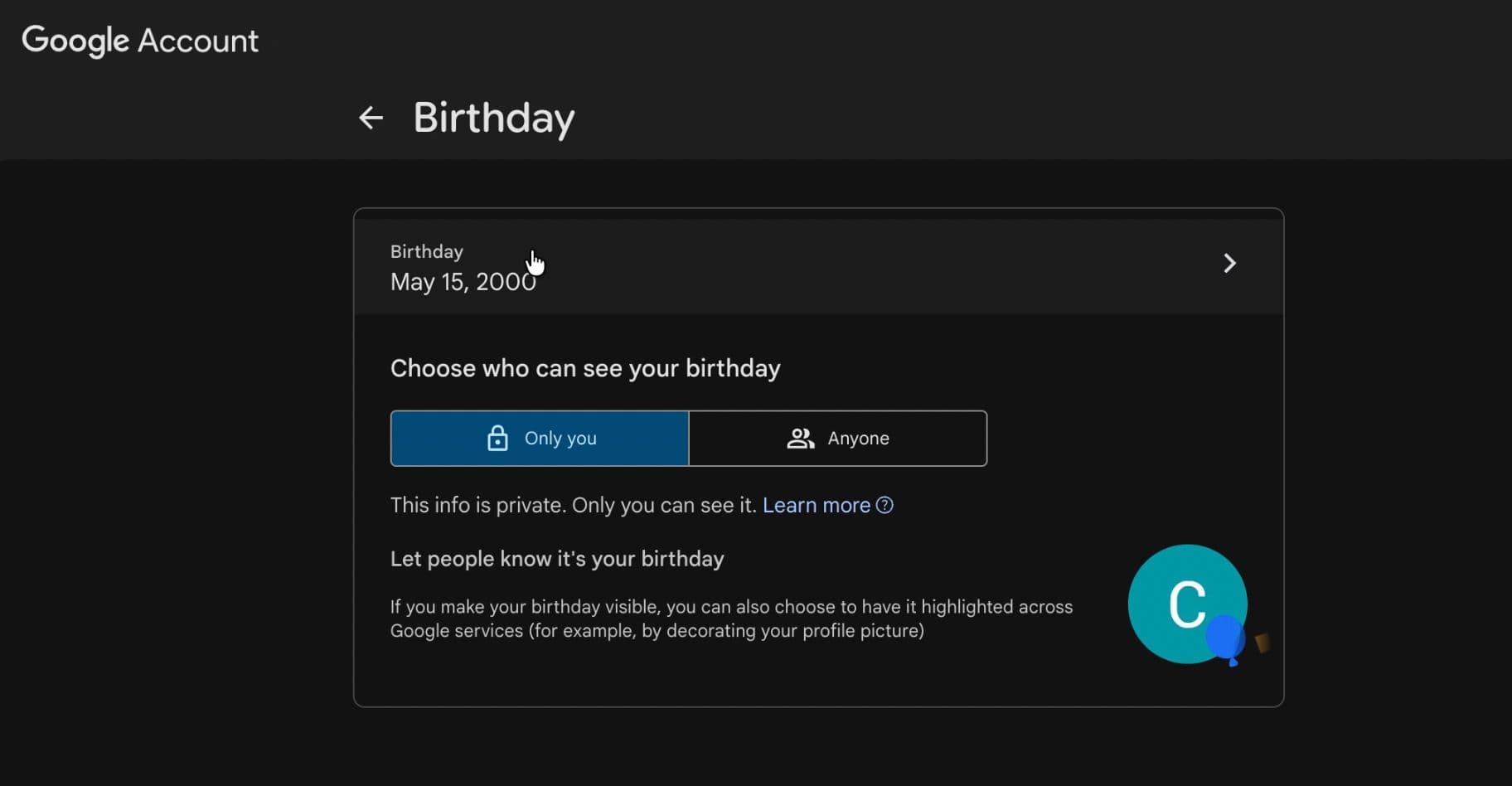 clicking on the birthday to open the birthday change menu.