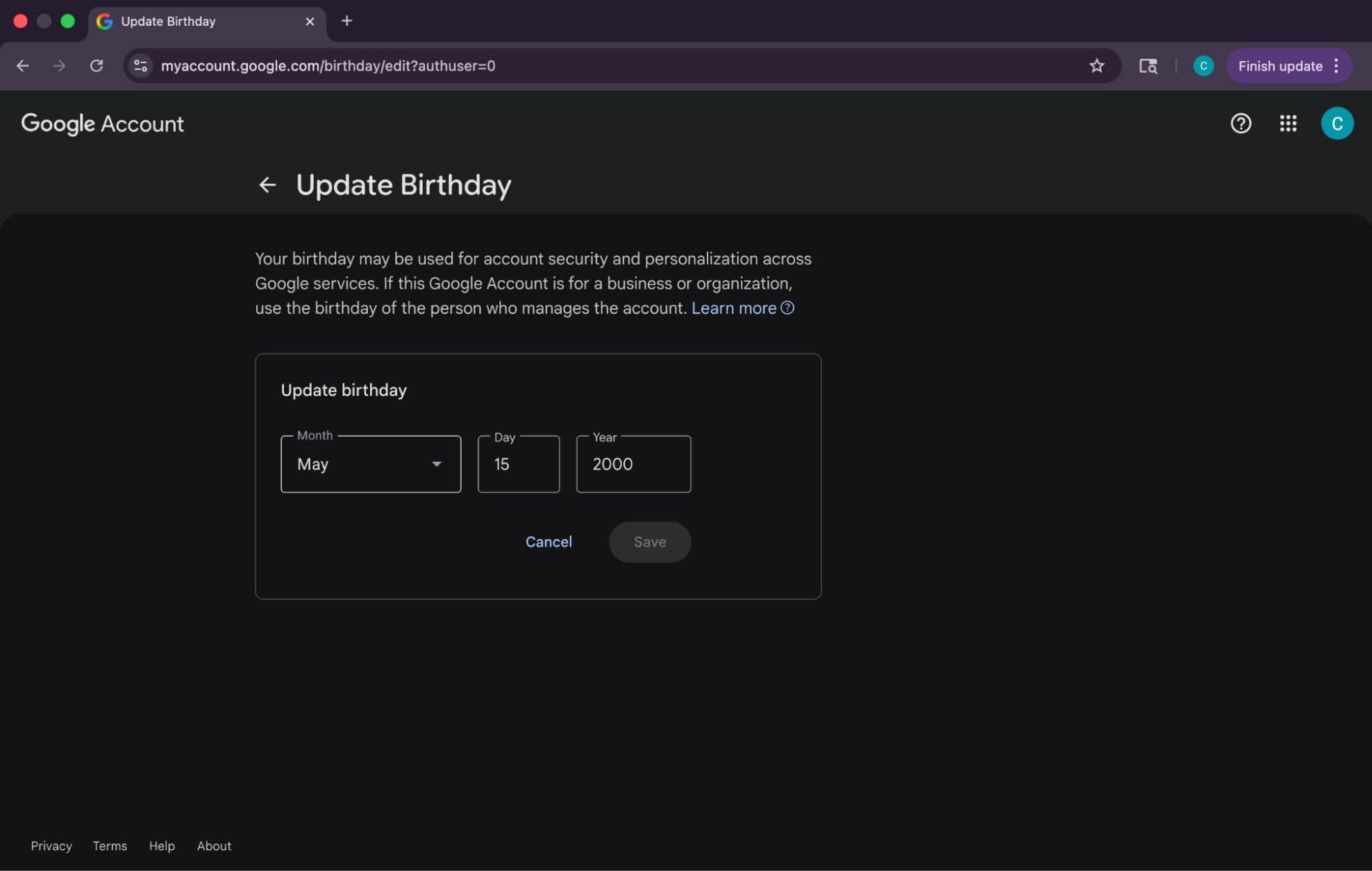 Original birthday on account.