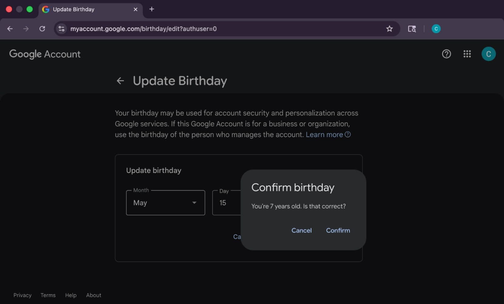 Confirming account belongs to 7 years old.