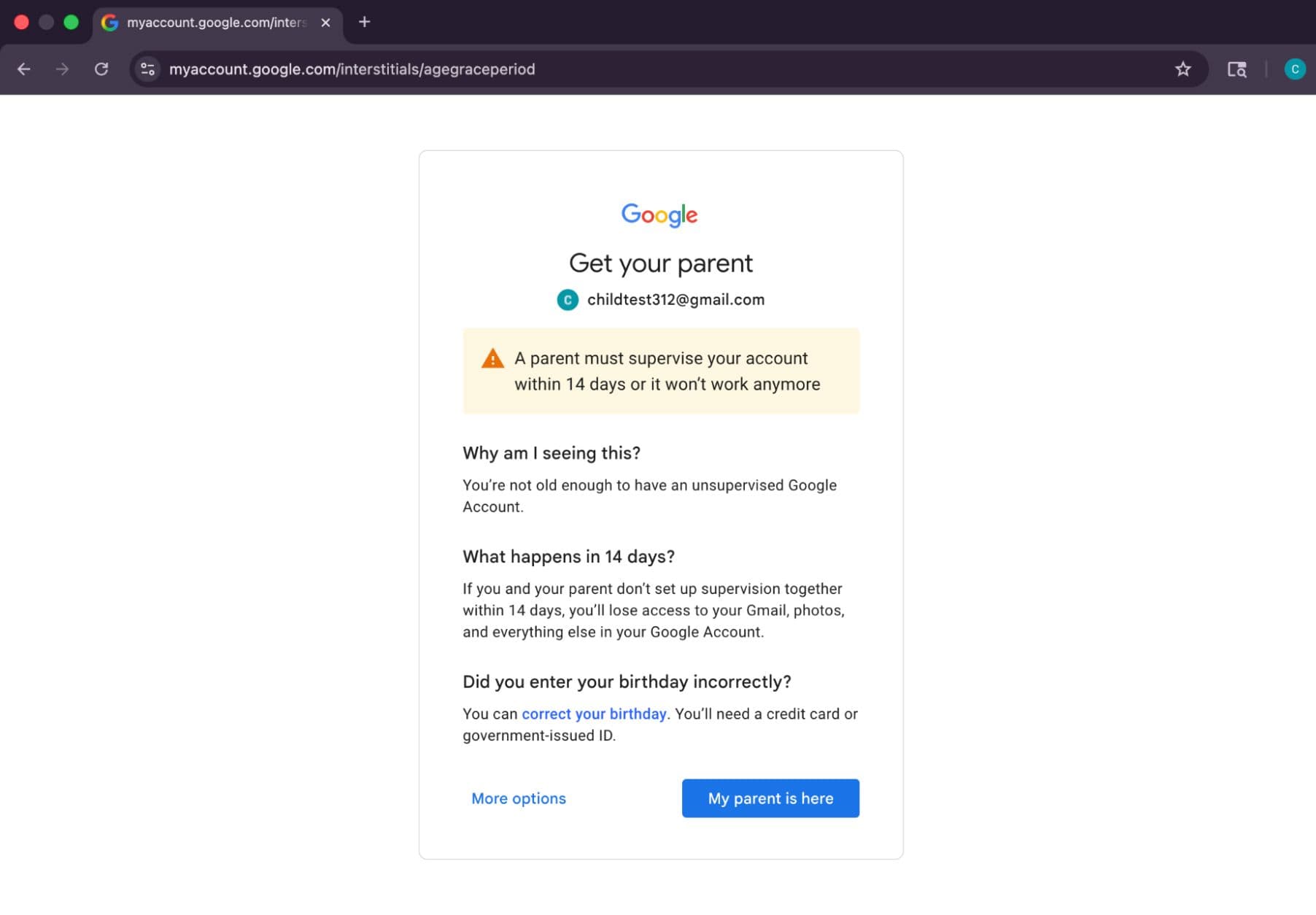 Screen informing user that account with be deleted in 14 days unless age is verified or parent is assigned