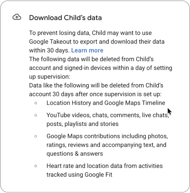 Warning about data deletion for child’s account.