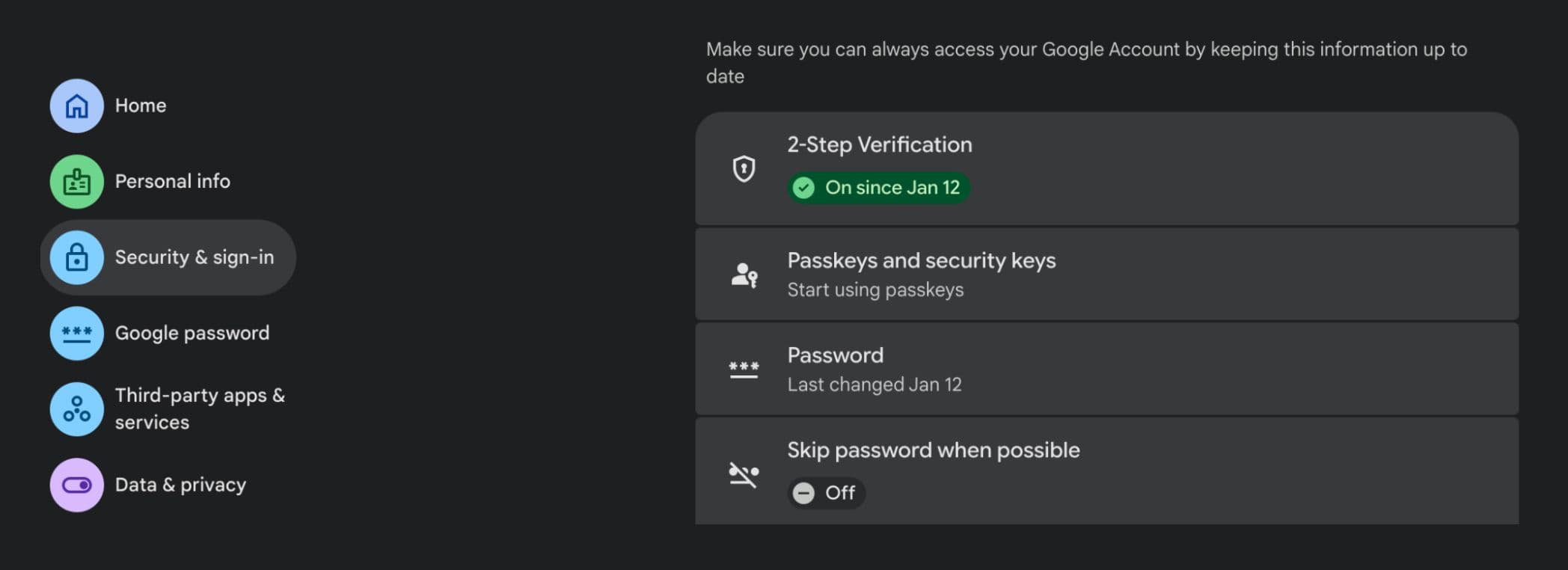 Skip password turned off in Security & sign in settings