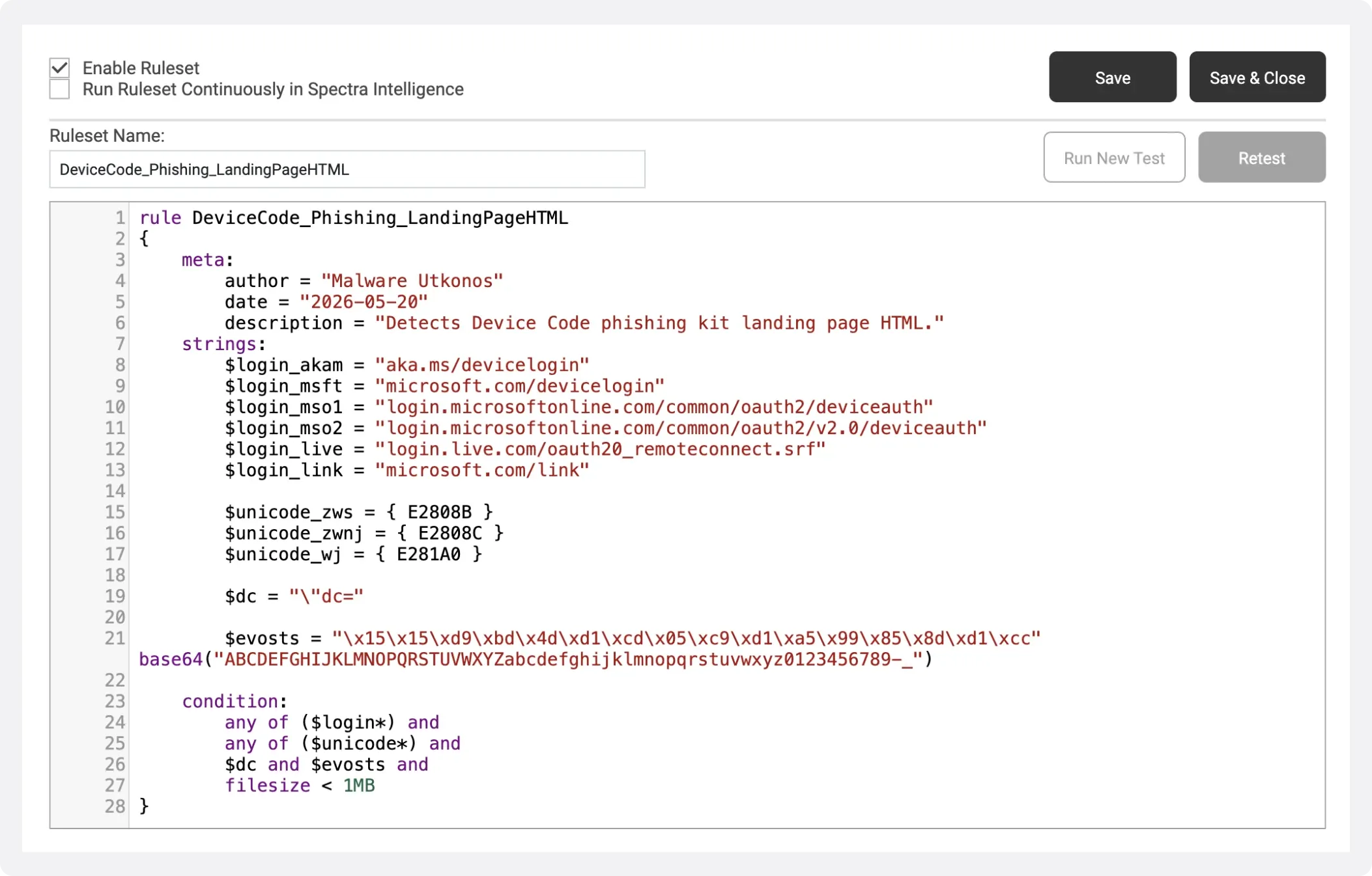 Spectra Analyze’s YARA rule editing mode
