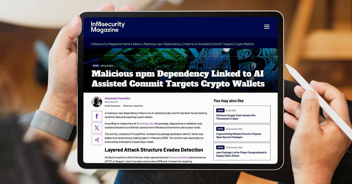 Infosecurity: Malicious npm Dependency Linked to AI Assisted Commit Targets Crypto Wallets