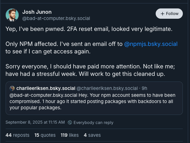 Josh Junon BlueSky post September 8 2025