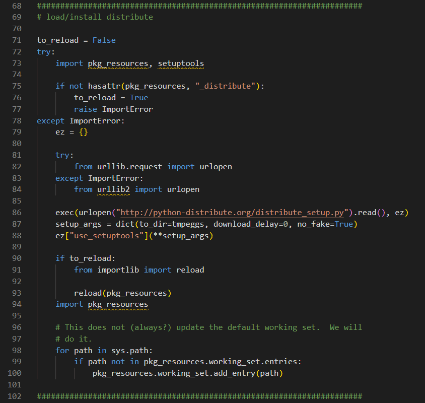 Code fetching and executing the distribute setup in the bootstrap.py file