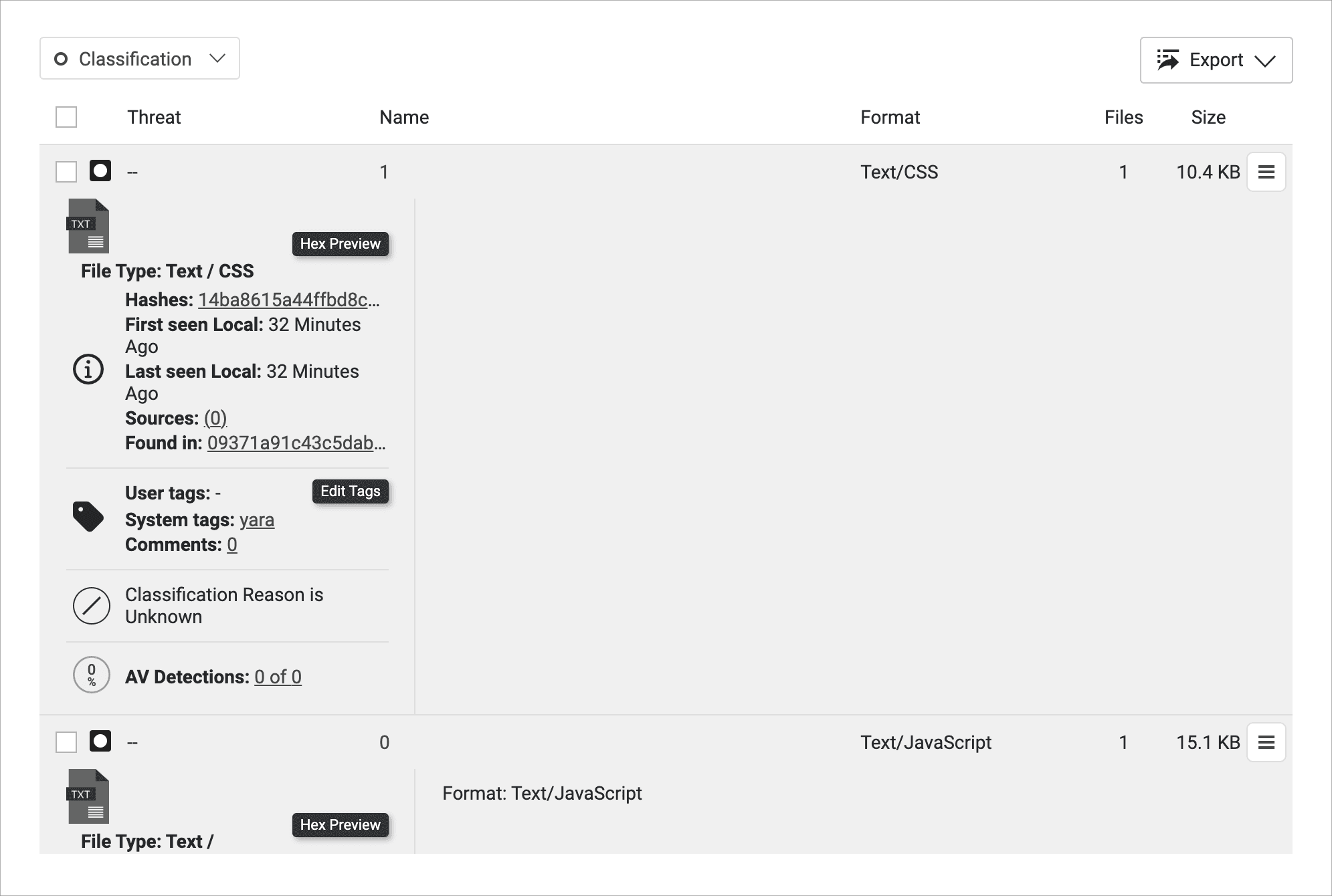 Expanded information about files, including buttons for Hex Preview and Edit Tags.