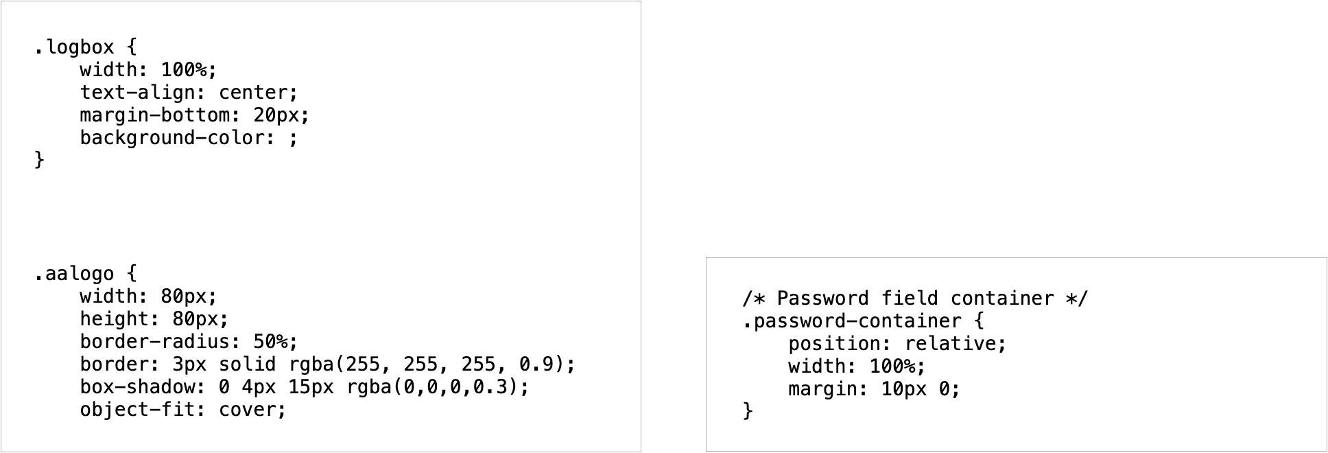 CSS file with a logbox and password-container.