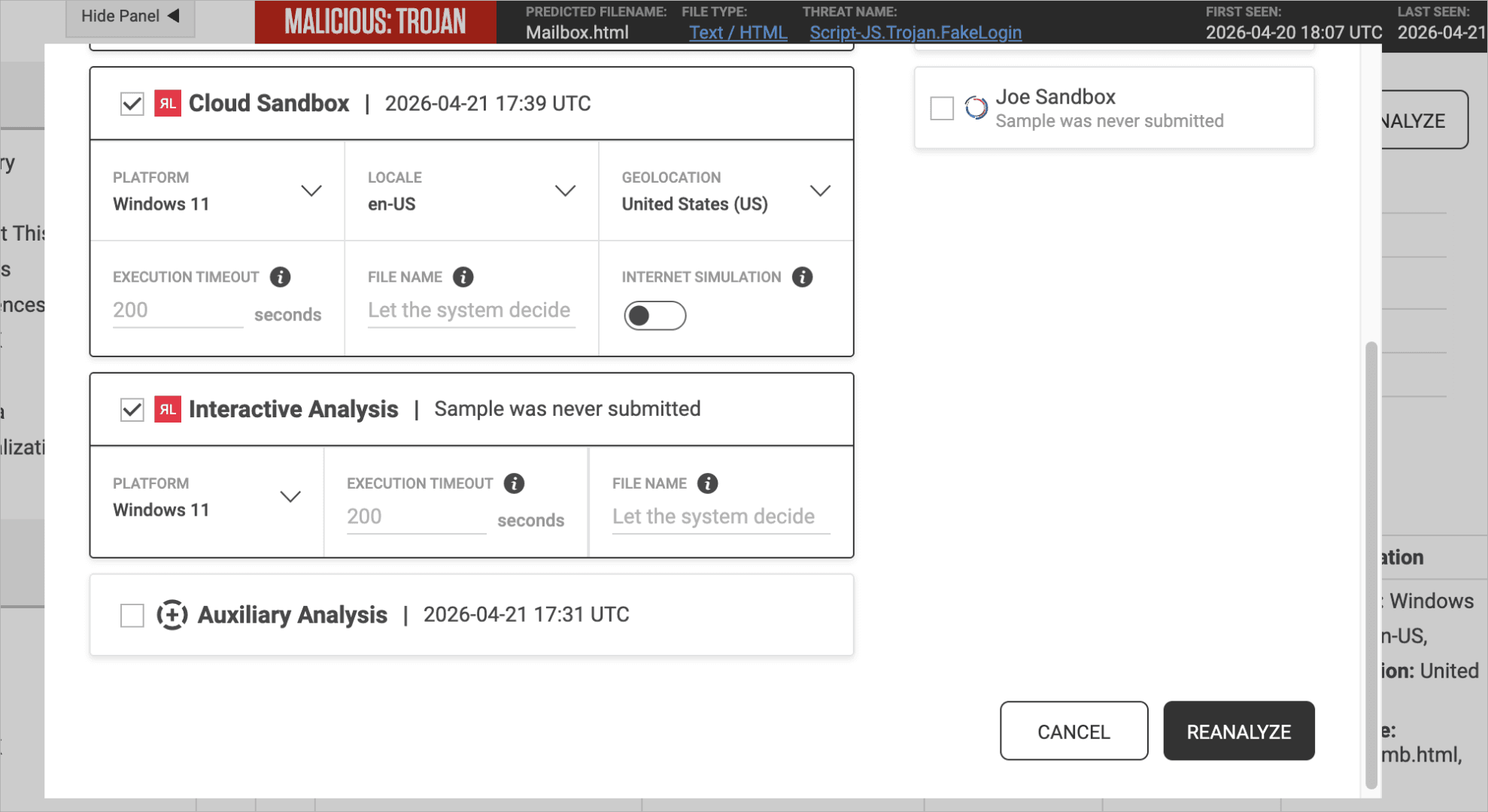 Clicking into option to Reanalyze, enabling Cloud Sandbox and Interactive Analysis.
