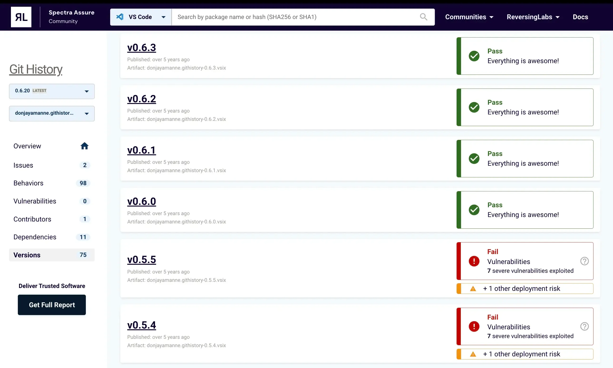 Figure 2: Spectra Assure Community tracks VS Code Extension versions for making informed version upgrade decisions