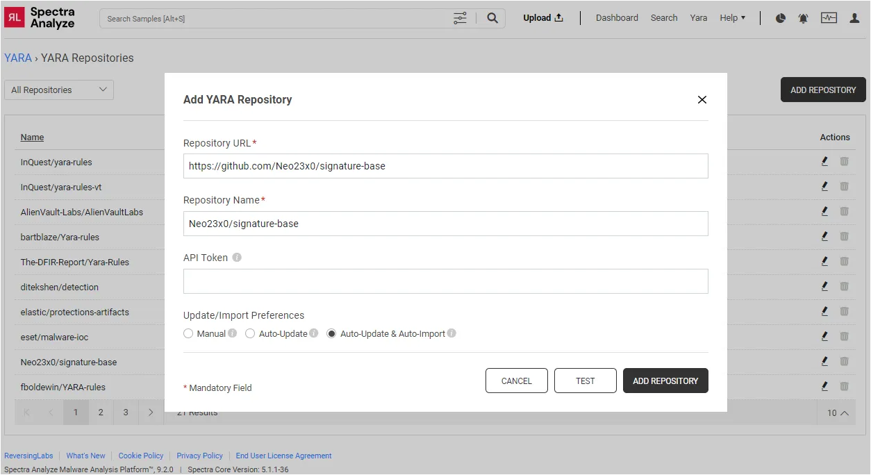 Spectra Analyze YARA Repository Management