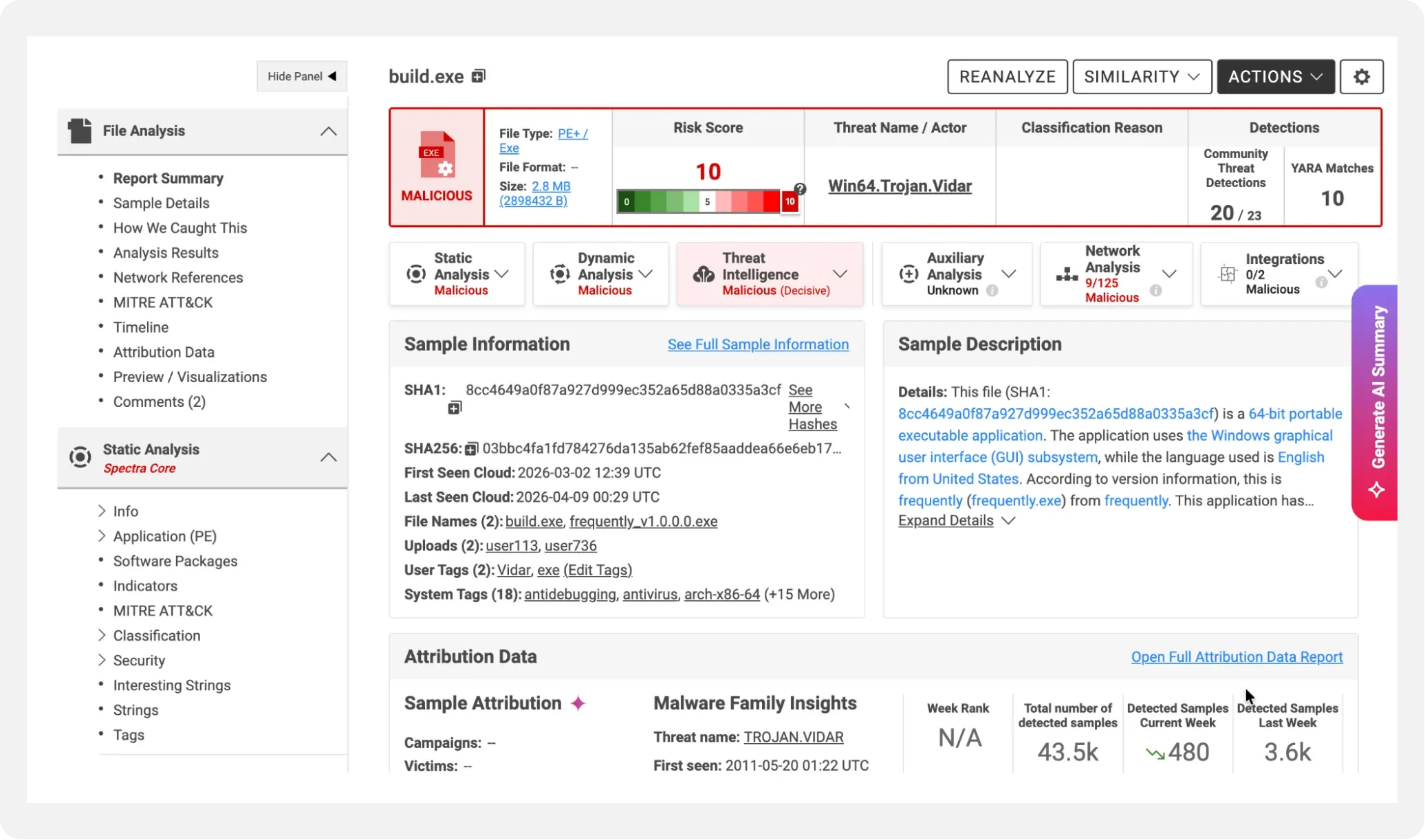 Spectra Analyze results for the executable from the msget[.]run domain. 