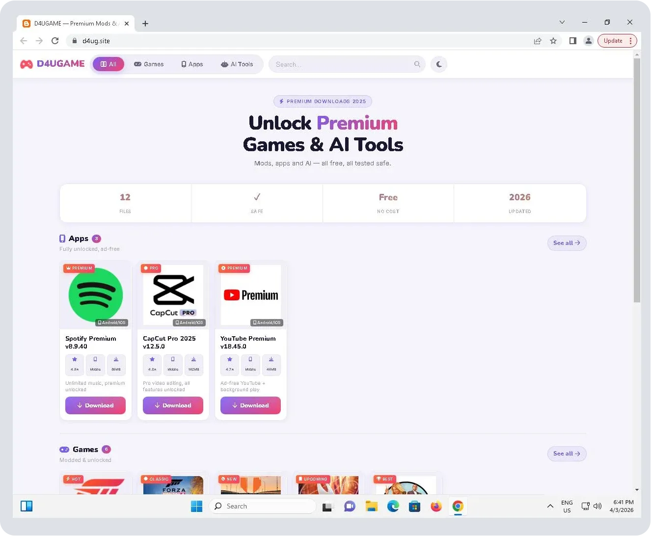D4ug[.]site, which claims to “Unlock premium games & AI tools”. Some examples of the offerings are Spotify Premium, CapCut Pro, and YouTube Premium.