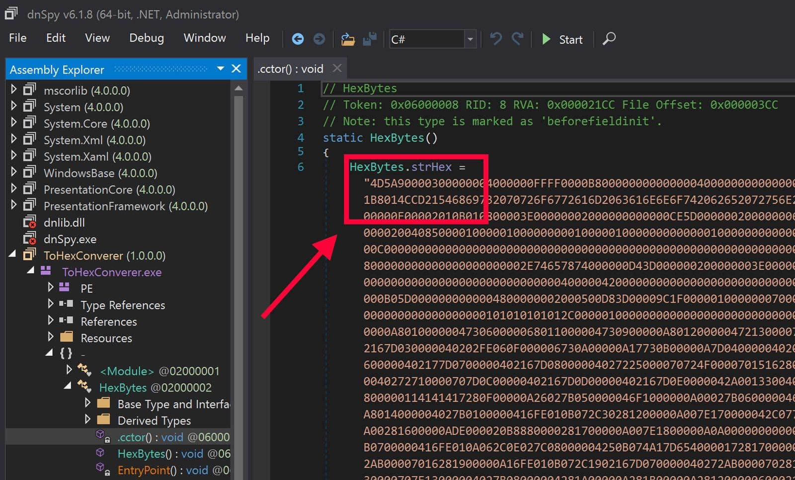 Screenshot from dnSpy showing embedded hexadecimal bytes in a .NET binary, possibly representing an embedded PE file or payload.