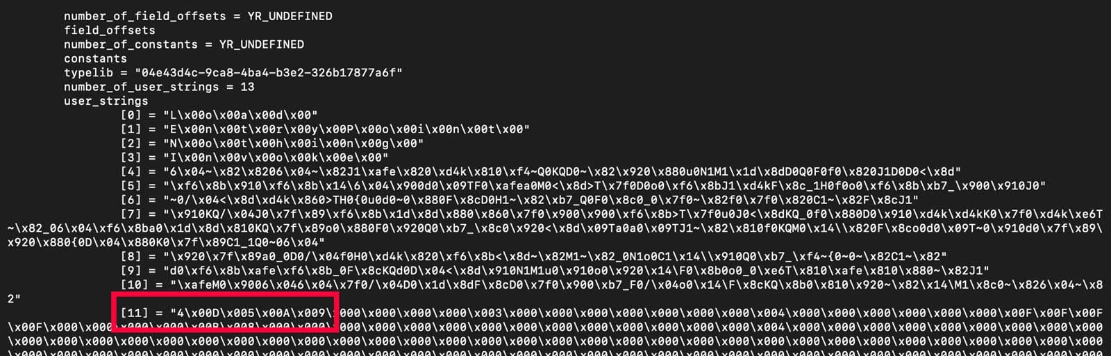 Terminal view showing extracted YARA user strings and their hexadecimal encodings, with one suspicious pattern highlighted.