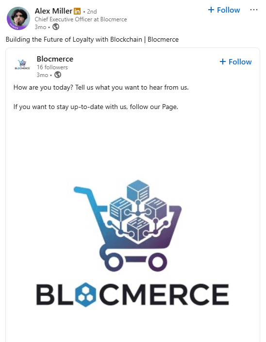 Figure 3. LinkedIn activity of Blocmerce CEO Alex Miller