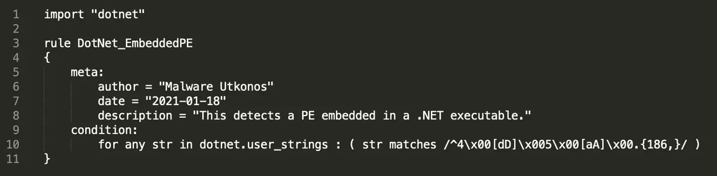 A YARA rule written to detect embedded PE files in .NET binaries by matching specific string patterns in user strings.
