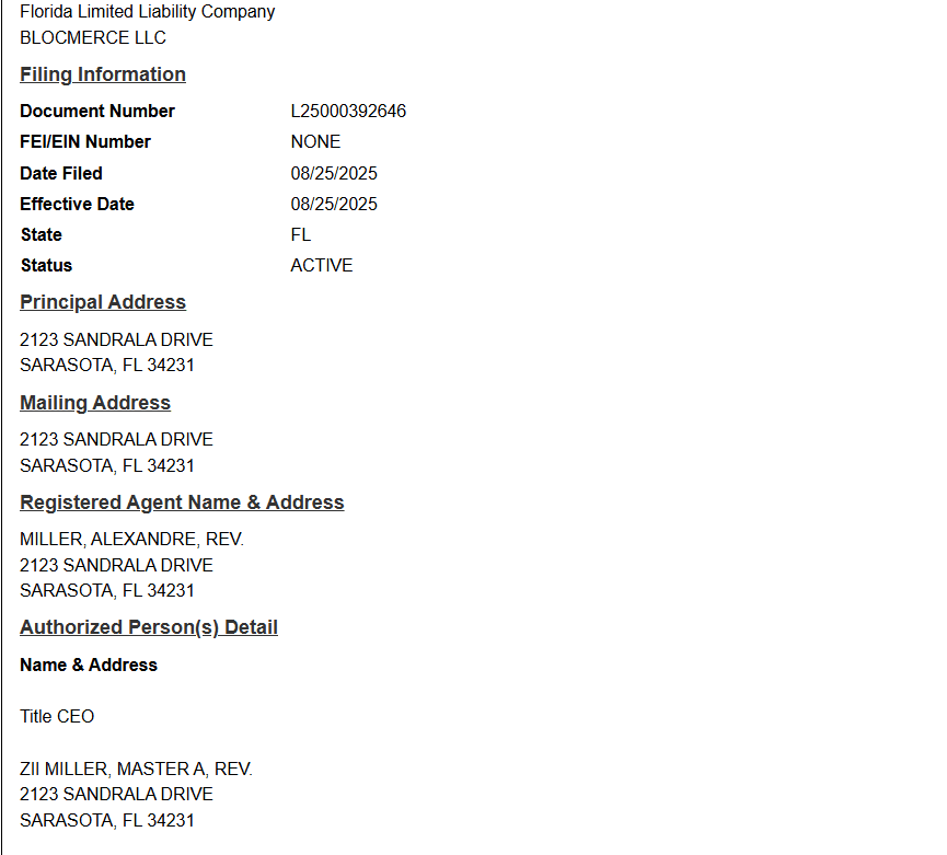 Figure 4. Blocmerce LLC company registration information