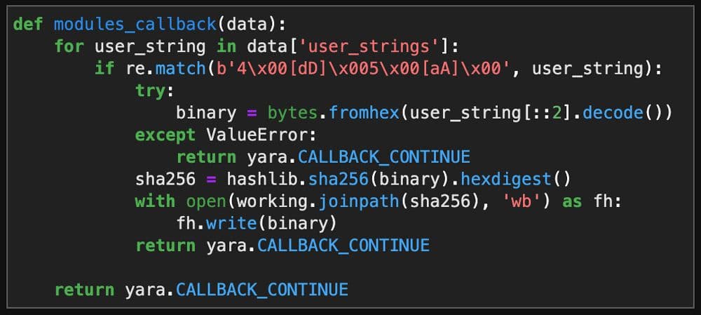 Python script implementing a callback function to extract binary data from YARA matches and calculate SHA-256 hashes.