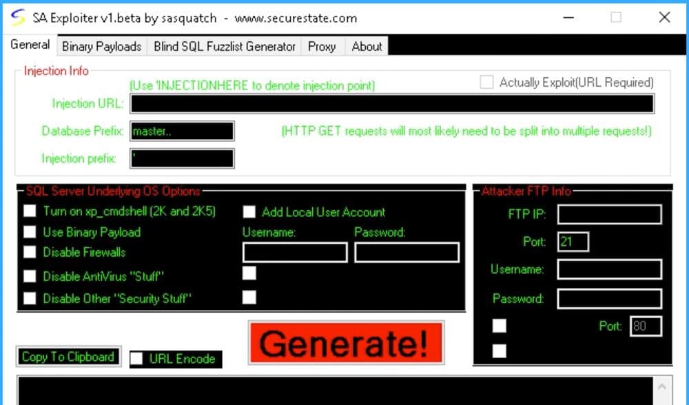 GUI of an SQL injection exploitation tool called “SA Exploiter,” showing options to disable firewalls, add users, and FTP credentials.