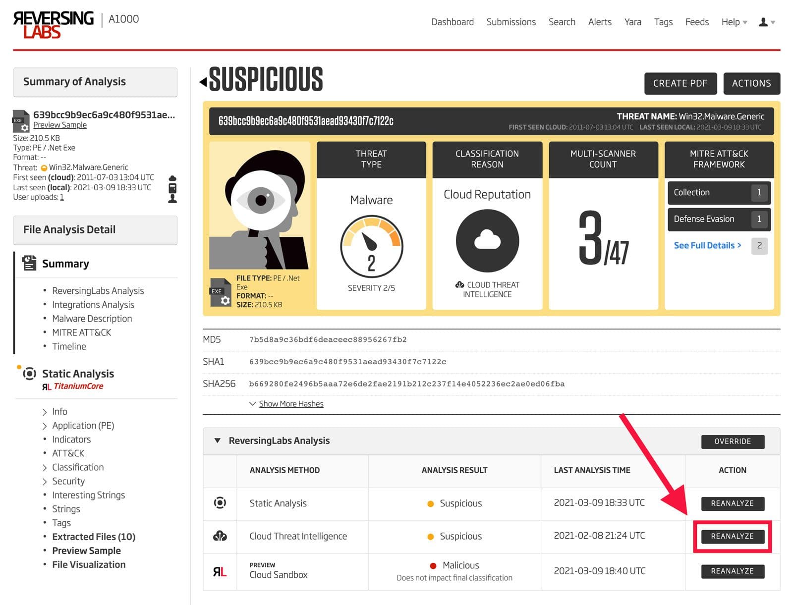 Suspicious file summary in ReversingLabs UI showing various analysis methods and the option to reanalyze the sample.