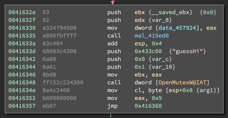 Disassembled code showing a call to OpenMutexW with the string ‘guessHi’, and register manipulation typical of anti-analysis or mutex reuse behavior.